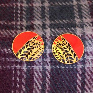 Vintage Berebi Red Enamel Gold Tone Leaf Silhouette Pierced Earrings